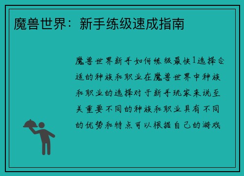魔兽世界：新手练级速成指南